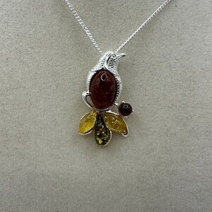 Multi Color Amber and Silver Bird Pendant on Silver Chain